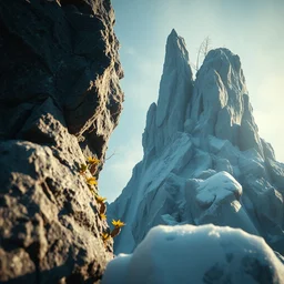 a closeup photorealistic photograph of a rock tower with some leaves, in an icy place, fantastic four theme.. bright scene. fine detail. this 4 k hd image is trending on artstation, featured on behance, well - rendered, extra crisp, features intricate detail, epic composition and the style of unreal engine.