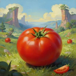 a beautiful matte painting of a very beautiful tomato in a fantasy landscape, by steve argyle and mark arian