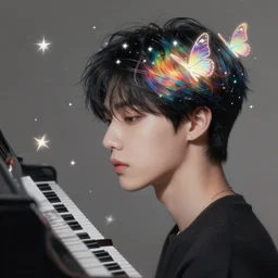 harmony of neon tiny butterfly stars, mute, floating piano pieces, black haired yoongi, by wlop, james jean, victo ngai, rainbow overlay in the hair! beautifully lit, muted colors, highly detailed, fantasy art by craig mullins, thomas kinkade