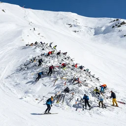 by moebius and atey ghailan | the bottom of a ski slope with a huge pile of tangled up skiers |