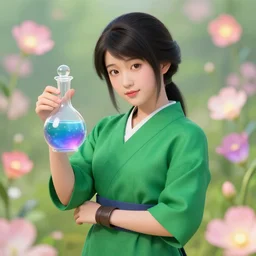 a portrait of japanese girl farmer wearing green dress, magic potion, magic flower background, fantasy, dungeons and dragons, an ultrafine detailed painting, chibi, detailed painting, boris valejo. octopath traveler decal!!!