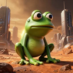 a photo of pepe the frog's sculpture in cybercity on mars a made of resin by joe johnston and nilo rodis, highly detailed, dramatic lighting, radiant light, detailed and intricate environment, wide angle, cinematic lighting
