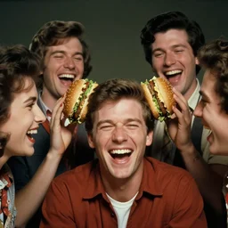 a group of people laughing at a man with hamburgers for ears, canon 5 0 mm, cinematic lighting, photography, retro, film, kodachrome, closeup