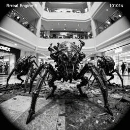camera footage of a Rabid Zerglings in an abandoned shopping mall, high exposure, dark, monochrome, camera, Unreal engine 5, grainy, CCTV, security camera footage, timestamp, zoomed in, fish-eye lens, Evil, Zerg, Brood, spider, horrifying, lunging at camera :4