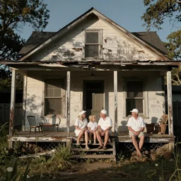 photo of unusually small white redneck family sitting on front porch of dilapidated house,