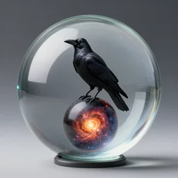 a crow sitting on a glass ball, the glass ball contains a super nova, concept art, 4 k, tsutomu nihei