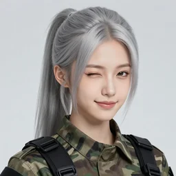girl, silver hair (ponytail), (winking), multicam (camo), trending on artstation, detailed, cinematic full body shot, ilustration by (Takehiko Inoue) (((and Yoann Lossel))) (and Yoji Shinkawa)