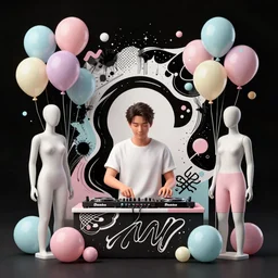 3d matte render, mannequins, dj rave party, Hsiao-Ron Cheng, balloons, pastel colors, hyper-realism, pastel, polkadots, minimal, simplistic, amazing composition, vaporwave, wow, Gertrude Abercrombie, Beeple, minimalistic graffiti masterpiece, minimalism, 3d abstract render overlayed, black background, psychedelic therapy, trending on ArtStation, ink splatters, pen lines, incredible detail, creative, positive energy, happy, unique, negative space, pure imagination painted by artgerm