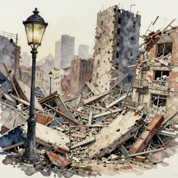 a detailed water color painting of a collapsed city, with lamps and shards, intricate detail, high - resolution, low depth field effect, trending on artstation