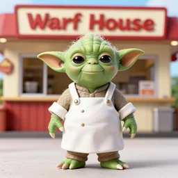 yoda as an overweight line cook at waffle house, 3 5 mm, f / 2. 8, flash photography, full length, full resolution
