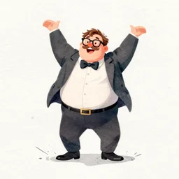 denis coderre portrait, fat denis coderre dancing like a fool, book illustration watercolor granular splatter dripping paper texture character concept art pixar rackham mucha