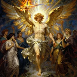glorious beautiful painting of male angel with flaming sword and golden wings, heavenly background and radiant light, chiseled abs, by Alphonse Mucha, Ayami Kojima, Amano, Charlie Bowater, Karol Bak, Greg Hildebrandt, Jean Delville, and Mark Brooks, Art Nouveau, Pre-Raphaelite, Neo-Gothic, gothic, Art Nouveau, rich deep moody colors