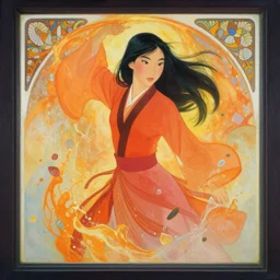 seen through a window, mulan, orange, splash aura in motion, floating pieces, painted art by tsuyoshi nagano, greg rutkowski, artgerm, alphonse mucha, spike painting
