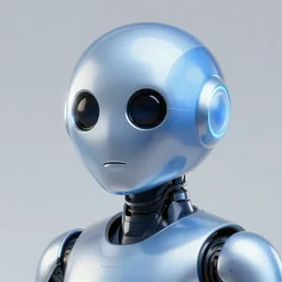 portrait of a smooth spherical android, blue and silver, sleek, inquisitive, art by jon mccoy
