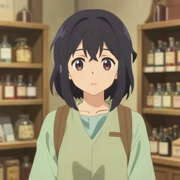 anime visual, portrait of a young female traveler in a alchemist's potion shop interior shopping, cute face by ilya kuvshinov, yoh yoshinari, makoto shinkai, katsura masakazu, dynamic pose perspective, cel shaded, flat shading mucha, rounded eyes, moody, detailed facial features, blue black gold
