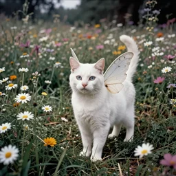 a 70s grainy photograph of a white cat with fairy wings in a meadow in bloom. Desaturated, bleached colors. Hippie woodstock style. Marygolds, daysies, grass. Kodak, polaroid