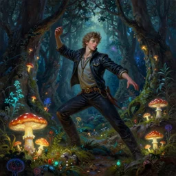 an enchanted forest at night illuminated by glowing mushrooms and bioluminescent plants, magical, awe inspiring, tim hildebrandt, wayne barlowe, bruce pennington, donato giancola, larry elmore, oil on canvas, masterpiece, trending on artstation, featured on pixiv, cinematic composition, dramatic pose, beautiful lighting, sharp, details, hyper - detailed, hd, hdr, 4 k, 8 k