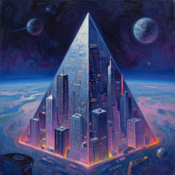 the cyberpunk alpha pyramid from a planetary city, lofi aesthetic oil on canvas