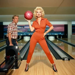 jayne mansfield in a bowling alley, jayne mansfield holding a bowling ball in a provocative pose, by mort kunstler and gil elvgren