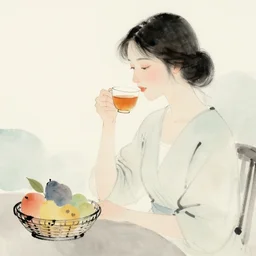 beautiful lady, drinking tea, fruit basket, painting, abstract, clean shapes, pastel colors, ink lines