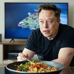 picture of elon musk with blue eyes watching tv while cooking a meal, good lighted photo, sharp details, detailed, hd, hdr