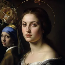a portrait of a very beautiful goddess with a halo behind her head, seductively looking in front, closeup, beautiful aesthetic face, in the style of Caravaggio and Vermeer and Gustav Klimt, realistic, dark, dramatic lighting, large flowers in the background