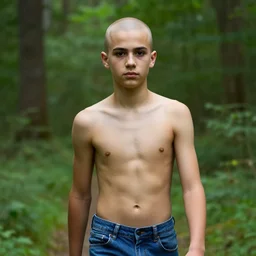 portrait, male teenager, bald, shirtless, blue jeans, dark shaped eyes, walking in forest, detailed face, realistic photo.