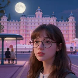 cinematic mid shot of a high detail, pretty, young woman's face looking off camera, with round glasses. fine facial features, night time with giant glowing moon, in a pastel colourful 3 d, bus stop street scene by jeffrey smart and gregory crewdson and edward hopper, inspired by the grand budapest hotel, lots of pastel colour