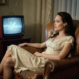 angelina jolie lies in beautiful clothes sits on a leather armchair and watches tv, soviet interior, soviet photo 1 9 9 0 s