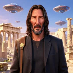 Pixar movie about  Keanu Reeves invasion of Ancient Athens, UFOs, portrait, intricate, 8k highly professionally detailed, HDR, CGsociety