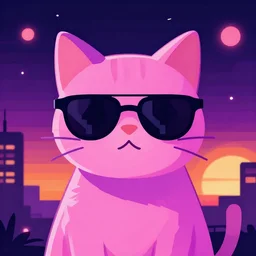 pink and purple vaporwave vector art of a very cool cat wearing sunglasses, night sky, neon lights, orange sunset background