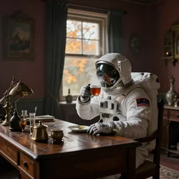 a cosmonaut in a spacesuit drinks a  steaming cup of tea alone at an old wooden desk in a richly decorated indian house. the autumn light comes in through a window and dimly illuminates the room, diffuse light, octane render, 4k, matte painting