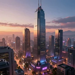 « a big cyberpunk city, blade runner, tall skyscraper, sunrise, highly detailed, photorealistic, unreal engine 5, sharp focus, glowing lights, view from the the ground watching the top »