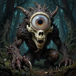 hyperdetailed art nouveau portrait of treebeard as a chimera eyeball skull dragon monster, by micheal whelan, simon bisley and bill sienkiewicz, grim yet sparkling atmosphere, photorealism, thorns, claws, teeth, fangs, night in the forest, wild, crazy, scary, horror, lynn varley, lovern kindzierski, steve oliff