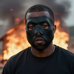 Cinematic shot of Kanye West wearing a black mask over his face as a house burns behind him, hd 4k, AAA game, octane render