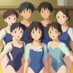 close - up princesses posing together in leotards in hall. by takashi takeuchi, yoshiyuki sadamoto, amagaitaro, makoto shinkai, krenz cushart, asao urata, pixiv