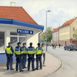 the drawing depicts a police station in the lithuanian city of vilnius. in the foreground, a group of policemen are standing in front of the building, while in the background a busy street can be seen. indian by peter sculthorpe dismal