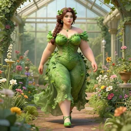 a stunning 3 d render of a thicc and voluptuous princess jasmine dressed as a beautiful poison ivy with hair tied in a braid walking through a flowering garden, greenhouse in the background, intricate, elegant, highly detailed, digital painting, artstation, concept art, sharp focus, illustration, art by artgem and jugendstil and greg rutkowski and alphonse mucha, pixv