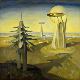 a futuristic landscape in the year 3 1 2 2 by salvador dali, painting.