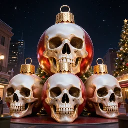 a gigantic christmas three with skulls as balls