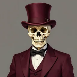 portrait of a skeleton in a maroon tuxedo suit wearing a maroon tophat, digital art, made by ruth bernard