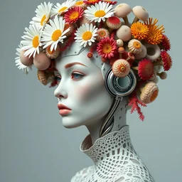 biomechanical beautiful woman portrait with a smooth porcelain ivory profile face, futuristic haute couture, iris van herpin, headdress made of daisies, colorful puffballs, mushrooms, sponge corals, red rhizomorphs, metallic brackets, laser cut paper lace collar, octane highly render, 8 k, rim light