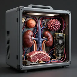 Techno-biological meat personal computer in standard gray case with panel removed, capillaries, veins, tumors, kidneys, graphics card, processor, wires. Body horror, biopunk, side view, high detail, ultra realistic, photorealism, 8k