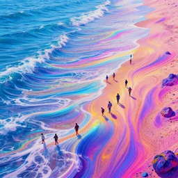 many tiny people on the cosmic beach, infinite radiating waves, synthwave, bright neon colors, highly detailed, cinematic, tim white, michael whelan, vladimir kush, jim burns, bob eggleton, philippe druillet, kubrick, aubrey beardsley, roger dean, alfred kelsner, boris vallejo