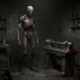 3 d game cg, dark and twisted humanoid inside a dark dusky empty work shop, a lathe with blood stains in the corner alone on the right side for processing parts. artstation trending, greg rutkowski, james gurney, johannes voss, unreal engine, hyperdetailed, 4 k