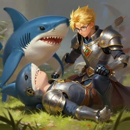 blond knight with glasses fighting shark knight, rolling on the ground, fantasy, digital painting, dramatic lighting, vibrant setting, realistic shading, unreal engine 5, concept art, ultra detailed, trending artstation