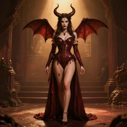 demon lilith in hell , beautiful girl , full body , realistic , pretty , photography , warms atmosphere ,