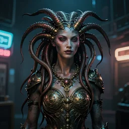 Cyberpunk medusa, dark atmosphere, cinematic shot, intricate, ornate, photorealistic, ultra detailed, realistic, 35mm, photography, neon, octane, high definition, depth of field, bokeh, 8k, artstation, ((alphonse mucha)), ((hr giger))
