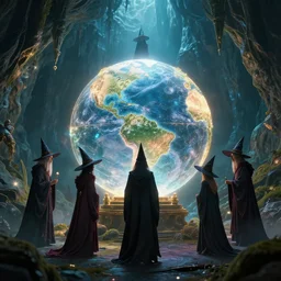 witches and wizards standing around a giant magical orb in an ethereal cave ,highly detailed, 4k, HDR, award-winning, artstation, octane render