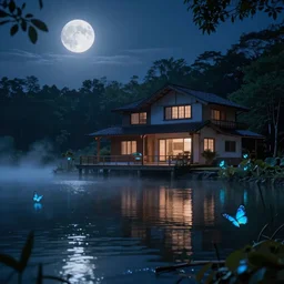 a stunning lake house, beautiful lake in the foreground, moonlit night dreamy atmosphere, highly detailed twigs and plants in the forest, bioluminiscent butterflies in the fog in a bokeh background, deep colors, photorealistic digital arts, cinematic, smooth, artstation, 8K